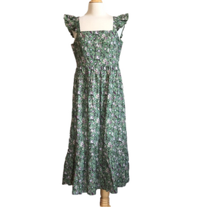 MAISIE Sage Floral Flutter Sleeve Smocked Back‎ Tiered Midi Dress Large Feminine